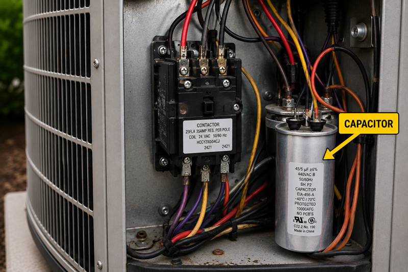 Close-up of a capacitor inside an outdoor air conditioner with the component labeled.