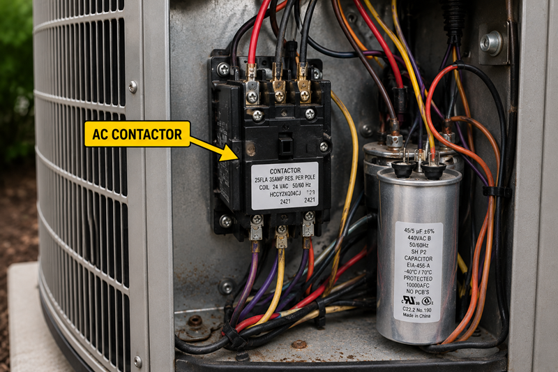 Close-up of an AC contactor inside an outdoor air conditioning unit electrical compartment.