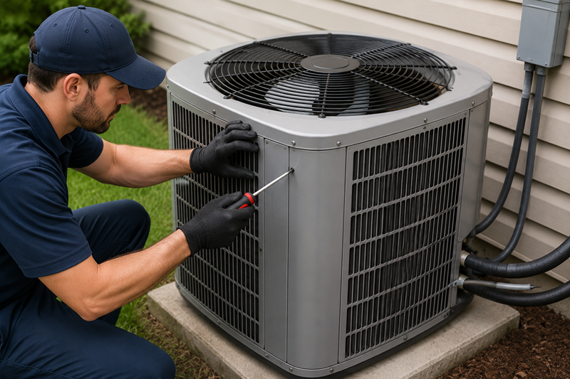 Technician tightening screws on an outdoor air conditioner to reduce vibration and buzzing noises.