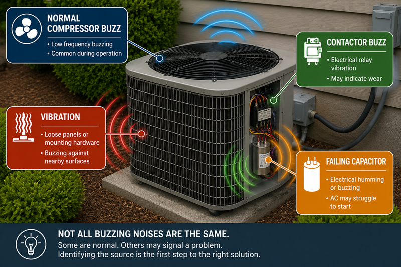 Diagram showing four common air conditioner noises including compressor buzzing, fan noise, vibration noise, and startup electrical noises.