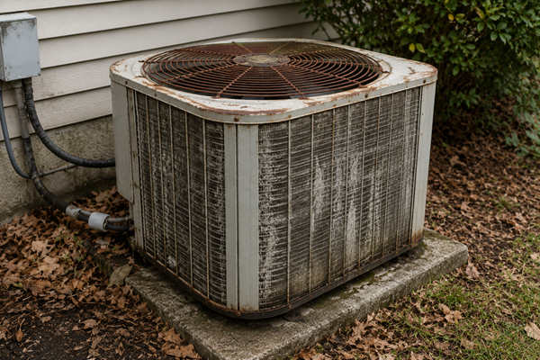 Old rusted outdoor air conditioner condenser nearing replacement age