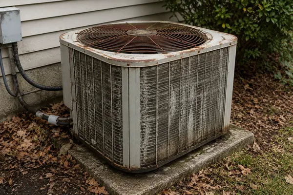 Old rusted outdoor air conditioner condenser nearing replacement age