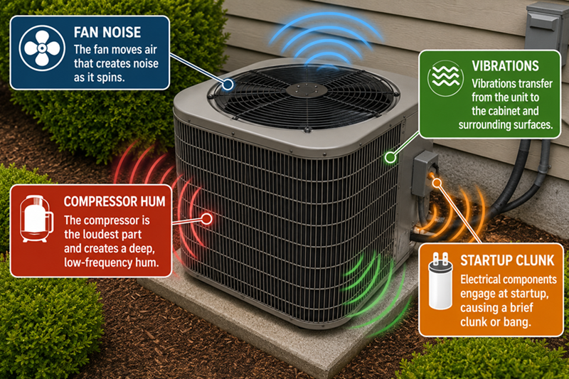 Diagram showing the four main sources of air conditioner noise: compressor hum, fan noise, vibrations, and startup clunk.