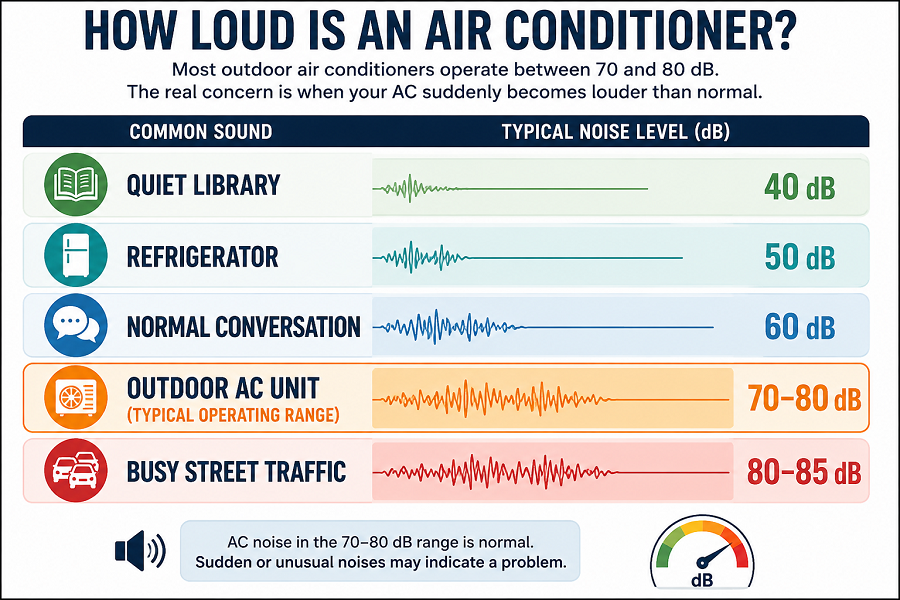 AC making loud noise compared to common household sounds measured in decibels