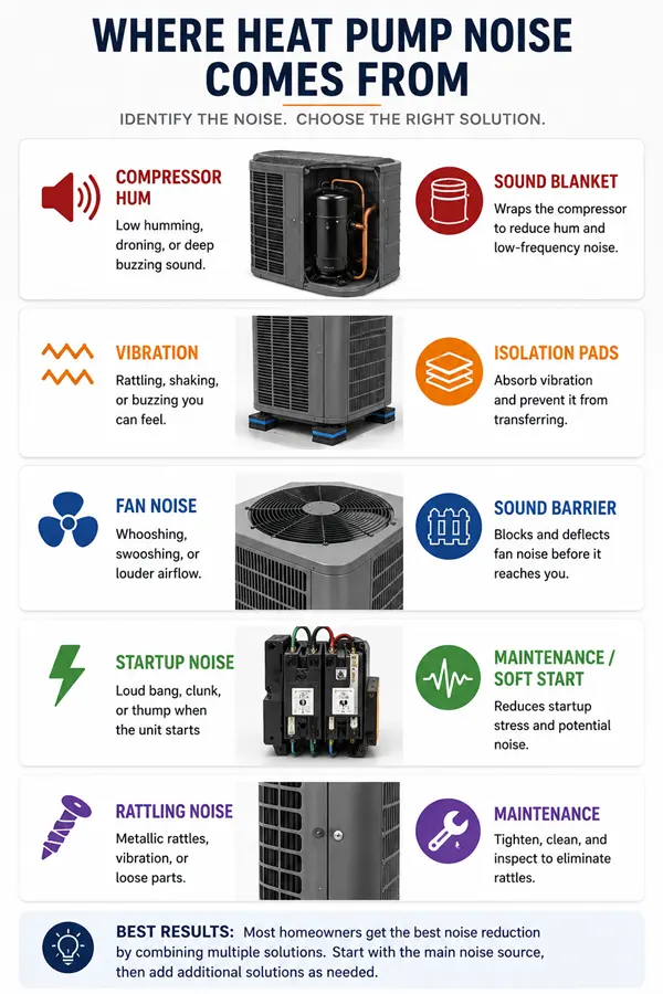 Infographic showing common ways How To Reduce Heat Pump Noise including compressor hum, vibration, fan noise, startup noise, and rattling, along with solutions such as sound blankets, isolation pads, sound barriers, and maintenance.